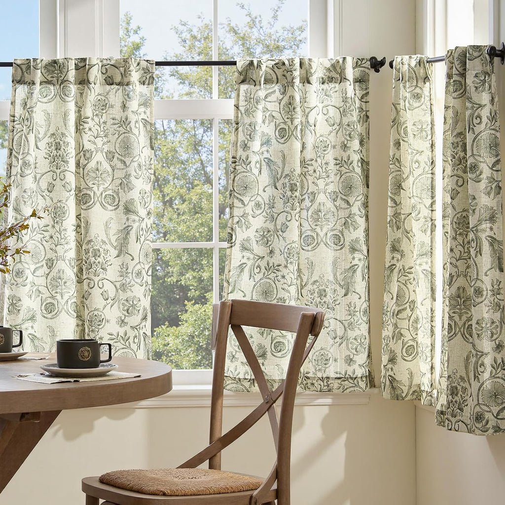 Small Window Curtains 36 Inch Linen Floral Curtain Set for Kitchen Bathroom Cafe Curtains Light Filtering Window