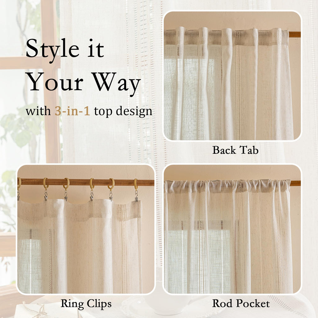 Boho Natural Curtains 120 Inches Farmhouse Semi Sheer Light Filtering Curtain Extra Long for Sliding Door Vintage
