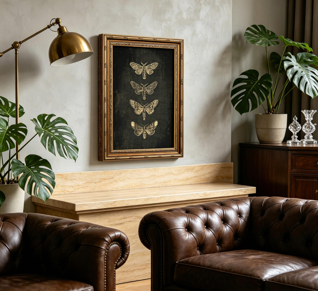Vintage Gold Framed Moth Wall Art, Retro Dark Academia Butterfly Insect Canvas Print Poster, Gothic Decor Bedroom