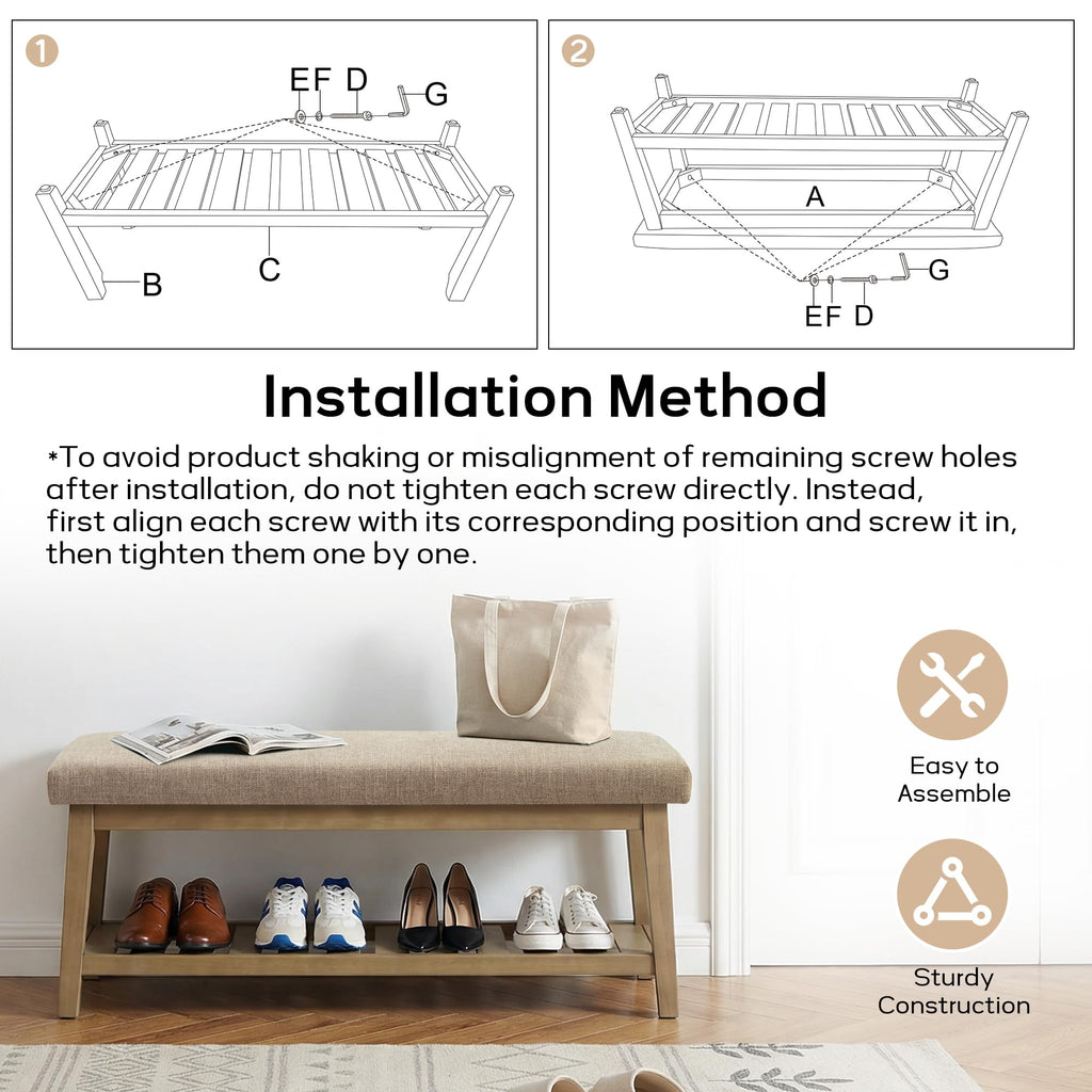 Entryway Bench with Cushion, Upholstered Shoe Rack Bench with Solid Wood Shelf, 44" End of Bed Bench, Chenille