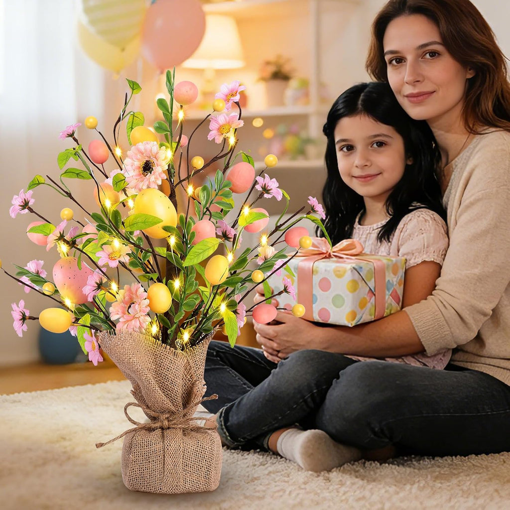 Easter Decorations, Pre-Lit Easter Egg Tree Tabletop Decor with Delicate Ornaments Easters Party Wedding Holiday