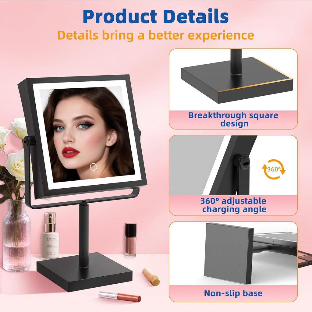 Makeup Mirror with Lights, 4000mAh Rechargeable Magnifying Mirror with Light, 1X/10X, Height Adjustable Bathroom