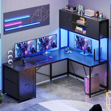 Reversible L Shaped Corner Gaming Desk with Drawers, Led Lights | Corner Computer Desk with Fabric Drawers, Power