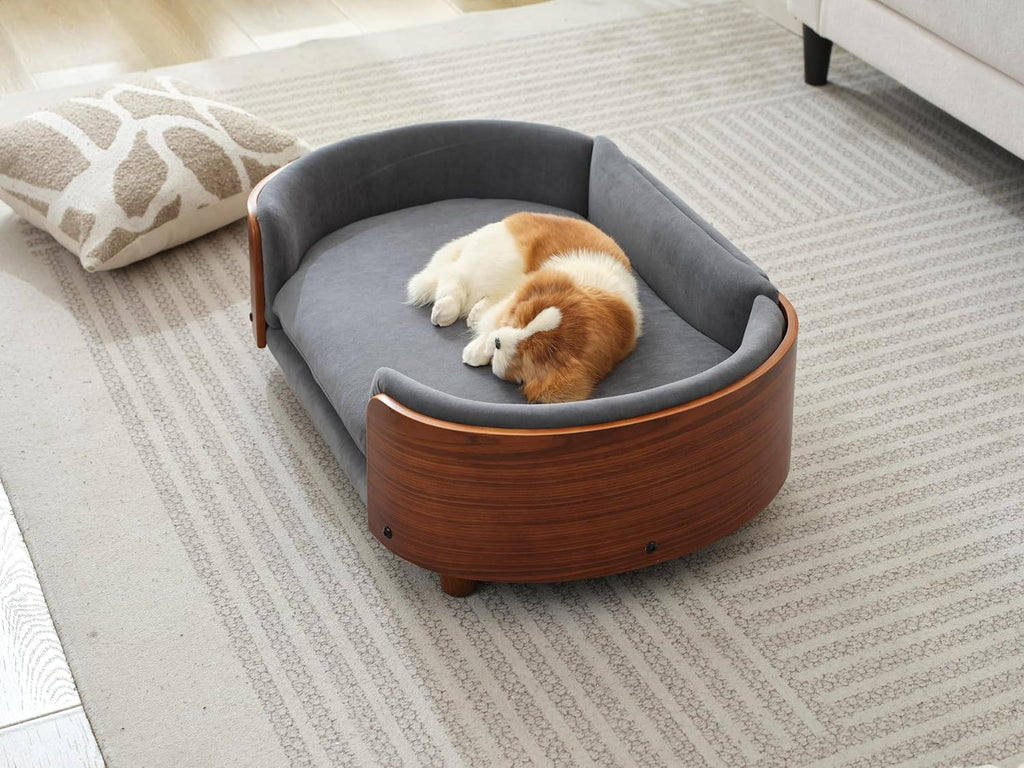Scandinavian Style Elevated Dog Bed Pet Sofa with Solid Wood Legs and Walnut Bent Wood Back, Dark Grey Velvet, Mid Size