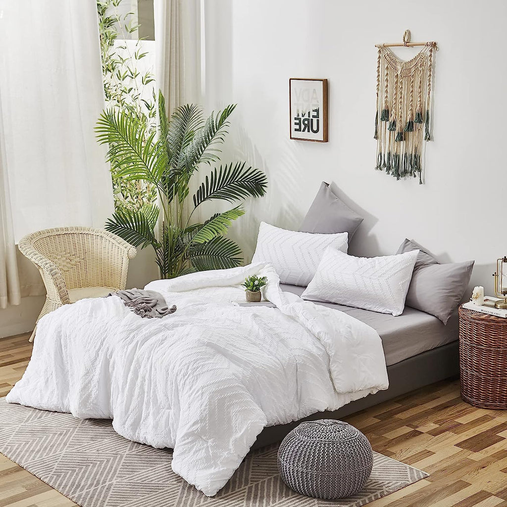 California King Comforter Set White Boho Tufted Jacquard Bedding Sets Cal King Women Solid White Shabby Chic