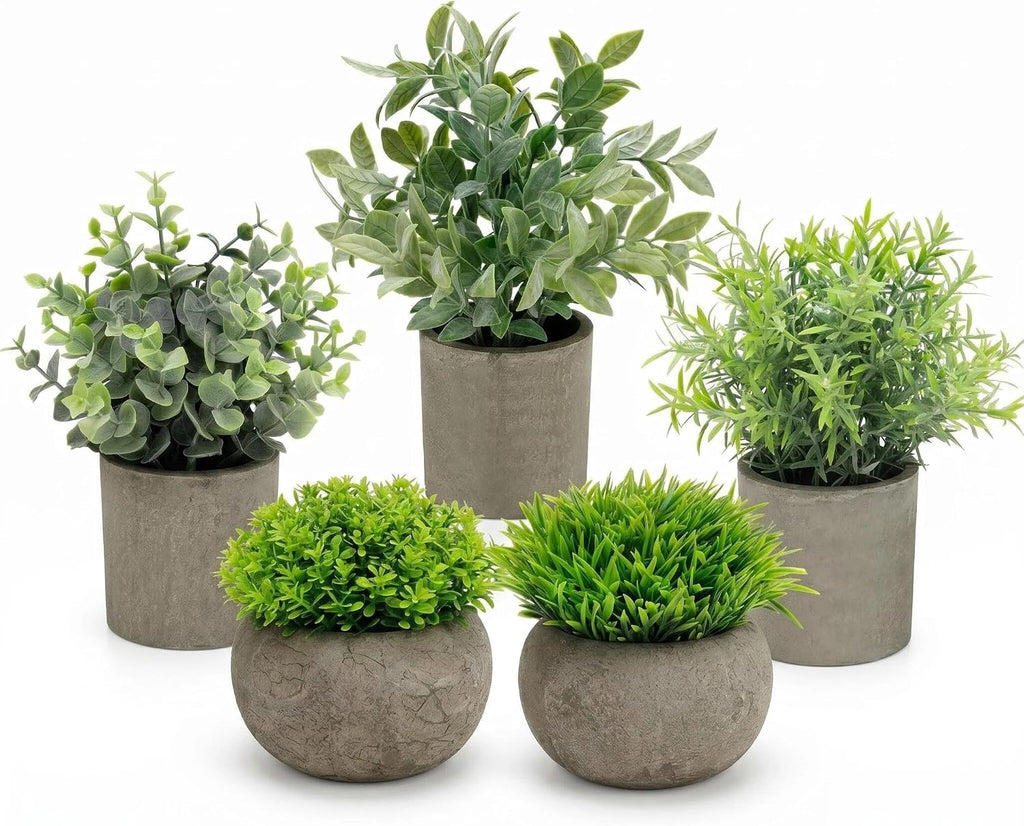 Artificial Potted Plants Faux Greenery in Cement Pots for Shelf, Bookshelf, Office or Home Decor, Small Decorative
