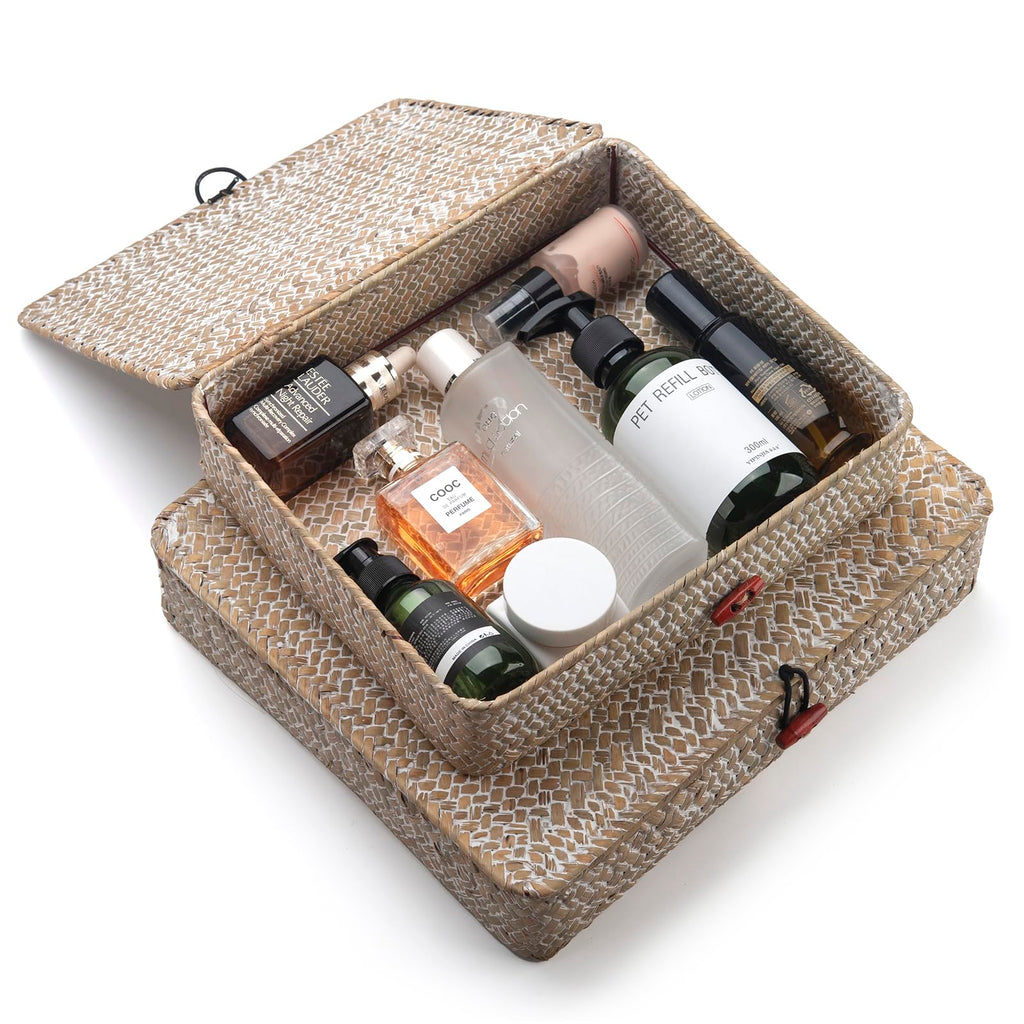 Whitewash Seagrass Basket with Lid for Storage Set of 2 Rectangular