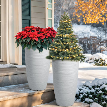 2-Pack 23.5" White Plastic Tall Tapered Planters with Ribbed Texture