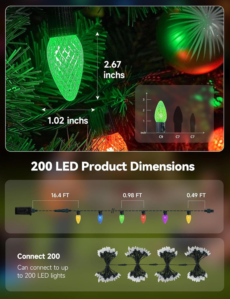 Smart C9 Christmas Lights Outdoor, 200 LED 213FT Christmas Color Changing Fairy Lights App Control, Music Sync, 105