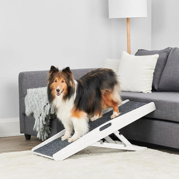 39.5" Indoor Pet Ramp, White Collapsible Dog and Cat Ramp with Adjustable Height, Non-Slip Carpet Surface, Rubber