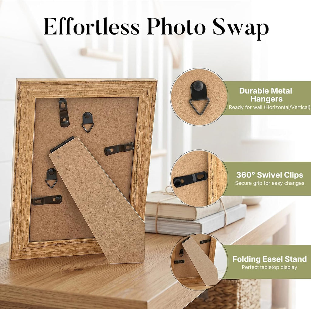 8x10 Picture Frame Set of 3, Tempered Glass, Natural Oak | Solid Wooden Photo Frame, Fits Photo 8x10 without Mat or