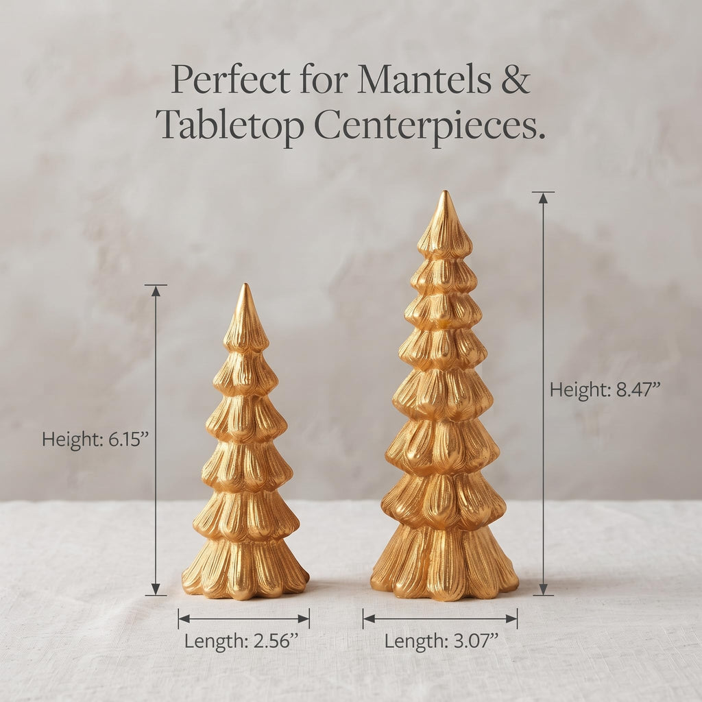 Gold Christmas Tree Decorations, 2Pcs Resin Tabletop Xmas Tree Figurines