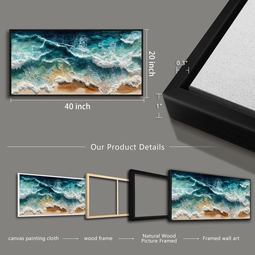 Canvas Wall Art Beach Wall Art Framed Wall Decor Ocean Wave Canvas Art Prints, Aerial View Sea Paintings Pictures