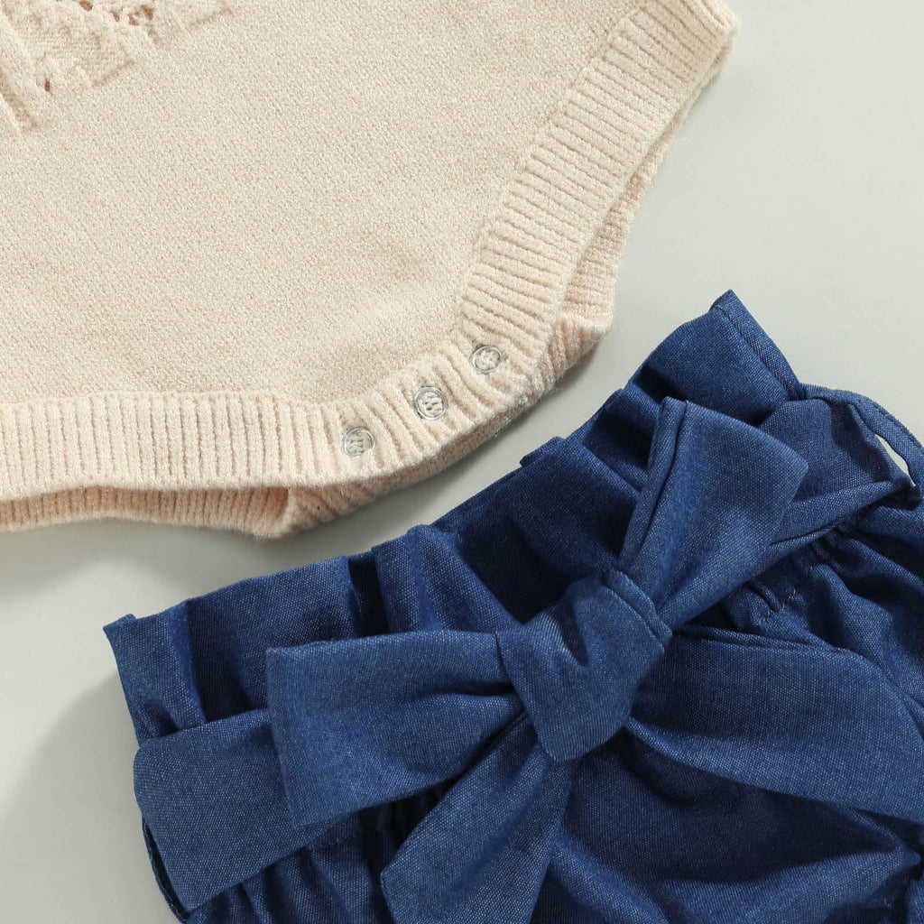 Toddler Baby Girl Summer Outfit Solid Color Tie-Up Halter Neck Knit Sweater Romper Denim Short Headband 3Pcs Clothes