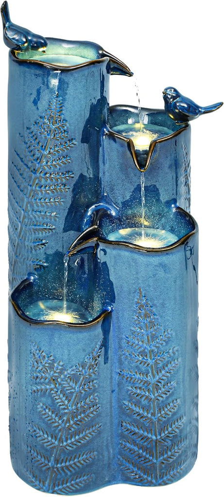 AUTODAYA 32" H Ceramic Outdoor Water Fountain, 4-Tier Tropical Cascading Waterfall with LED