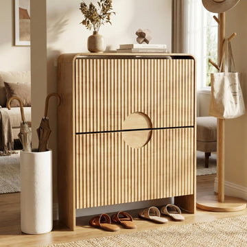Narrow Shoe Cabinet, Fluted Entry Way Shoe Storage Cabinet with 2 Flip Drawers Doors, Slim Hidden Shoe Rack