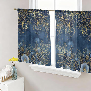 Luxury Floral Sheer Curtains Bedroom Blue Golden Lace Vintage Sheer Curtains 54 Inch Long 2 Panels Set Light
