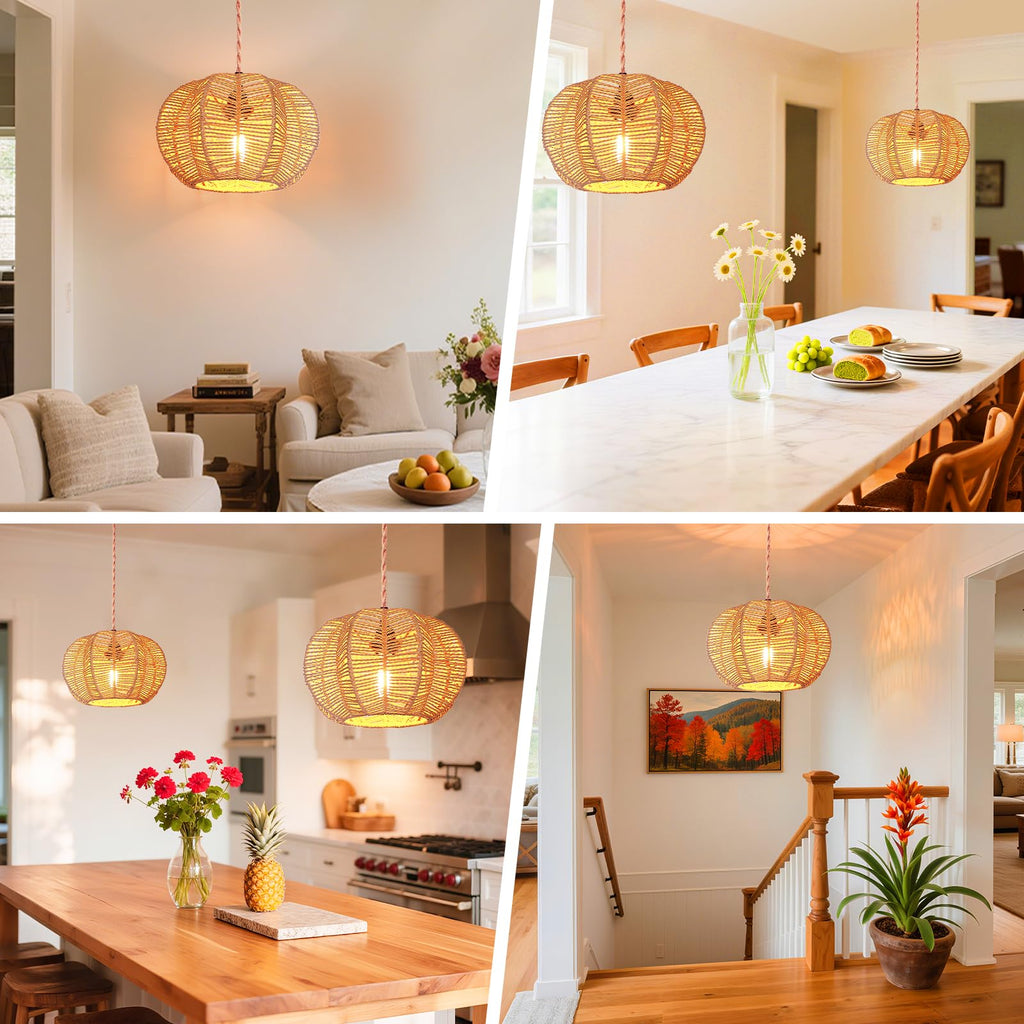 Hanging Light Fixture with Plug in Cord with on Off Switch, Rattan Pendant Lights Boho Lamp Ceiling Light, Plug in