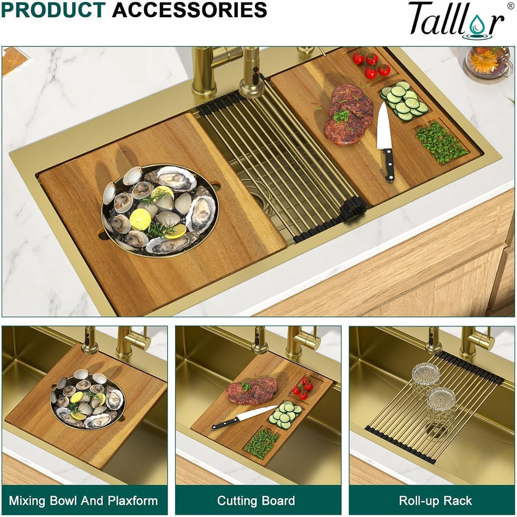 36x22" Gold Drop Sink, Workstation All-In One, SUS304 | 16 Gauge Stainless Steel Single Bowl Topmount Large Kitchen
