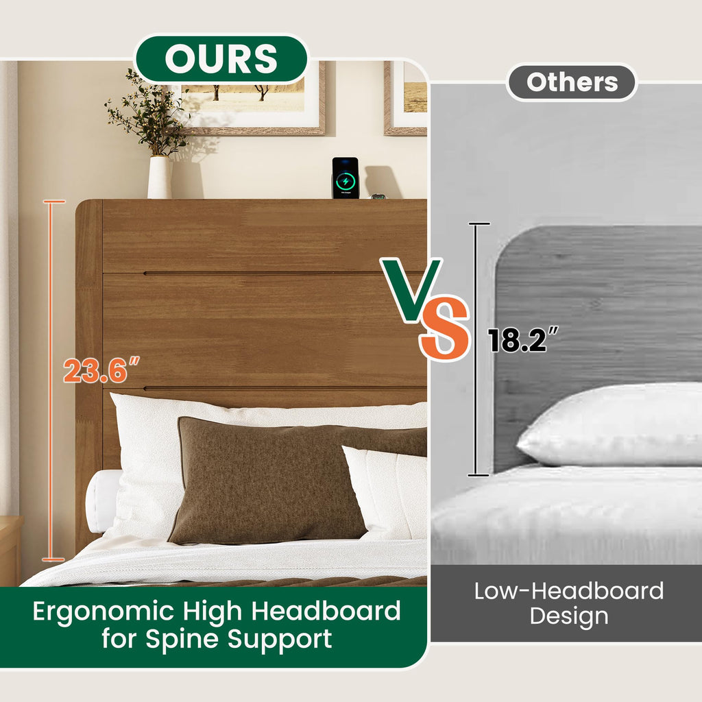 Queen Size Wood Platform Bed Frame with Mid-Century Modern Tall Headboard & Charging Station, Built-in Headboard