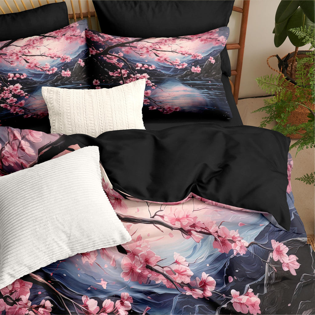 Cherry Blossoms Bedding Set Queen Size, Black Pink Japanese Comforter Set for Girls, 3Pcs Soft Microfiber Quilted Set