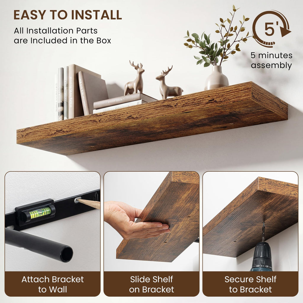 40in Deep Floating Shelves for Wall, Rustic Wall Shelves Bathroom Bedroom Kitchen, Wall Mounted Shelf with Invisible