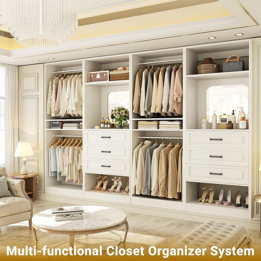 100" Wood Closet System with Drawers and Mirror, White | Large walk in wardrobe organizer with hanging rods and