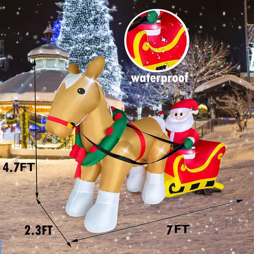 7FT Christmas Inflatables Santa Claus on Sleigh with a Horse Decorations, LED Lighted Xmas Christmas Blow up Yard
