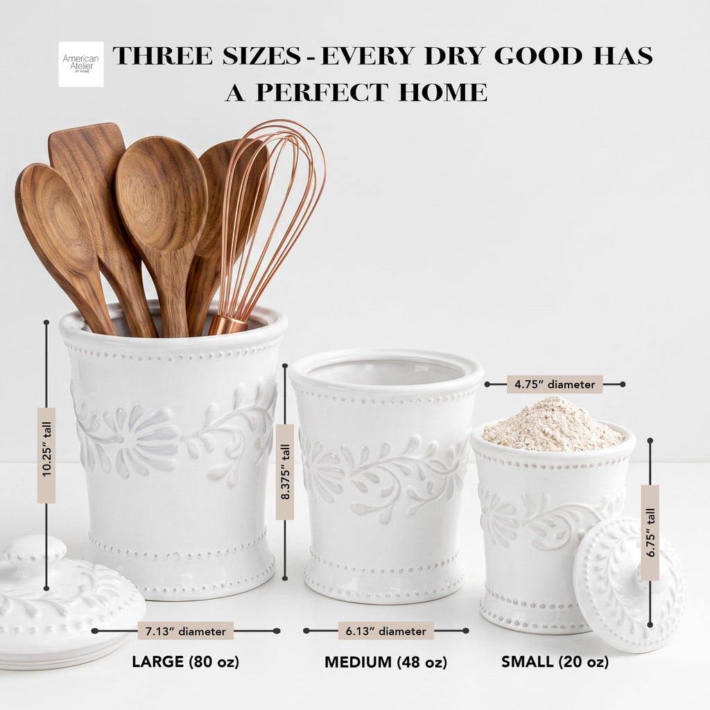 Ceramic Canister Set w/Lids Bianca Leaf, White 3PC