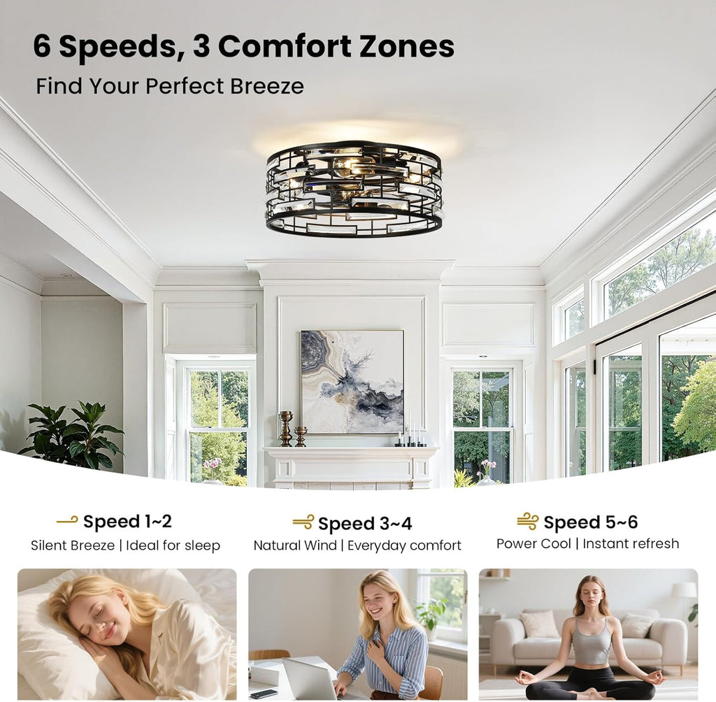 Crystal Caged Ceiling Fan with Light, 18.9'' Flush Mount Low Profile Fandelier, Black Industrial Farmhouse