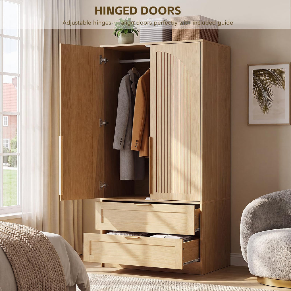 2-Door Armoire Wardrobe 63" H, Arch Carved Door w/Drawers