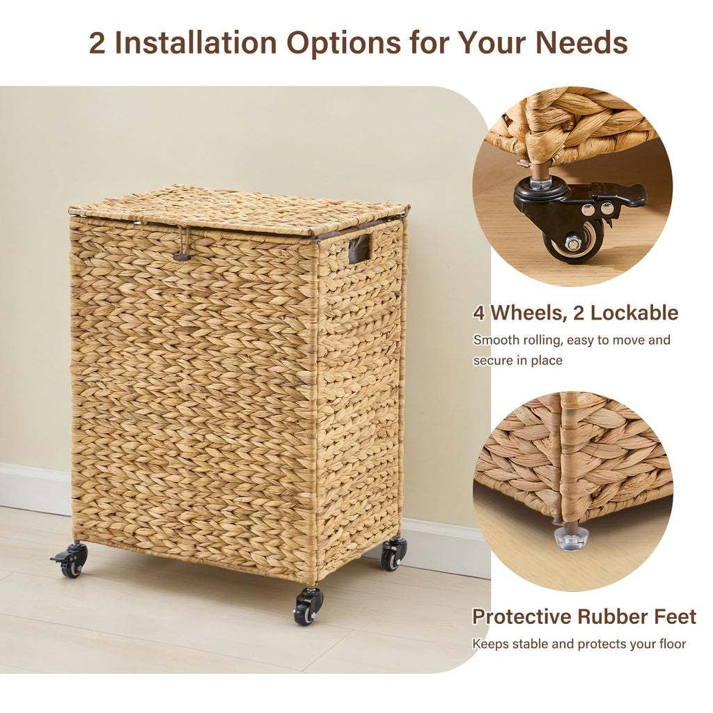 Hand-Woven Natural Water Hyacinth Laundry Basket with Wheels
