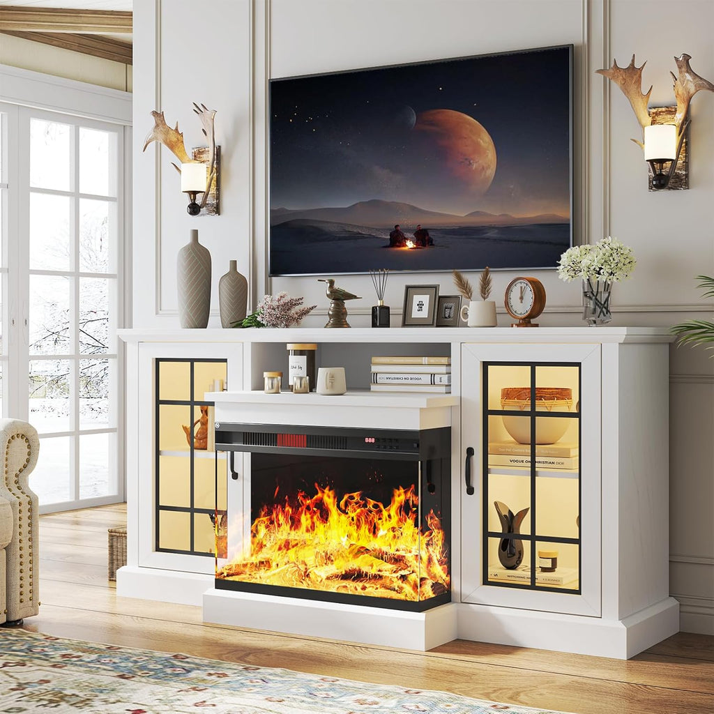 59 Inch Fireplace TV Stand with 3-Sided Glass, Media Entertainment Center for TVs up to 65 Inches, Adjustable LED Flame, White