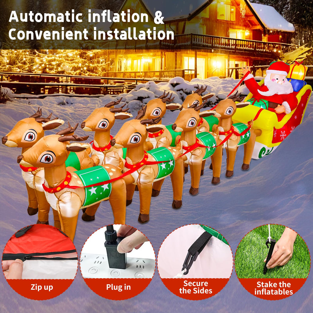 12 FT Christmas Inflatables with Santa Claus Reindeer Built-in LED Lights Blow Up Christmas Decor for Christmas Party