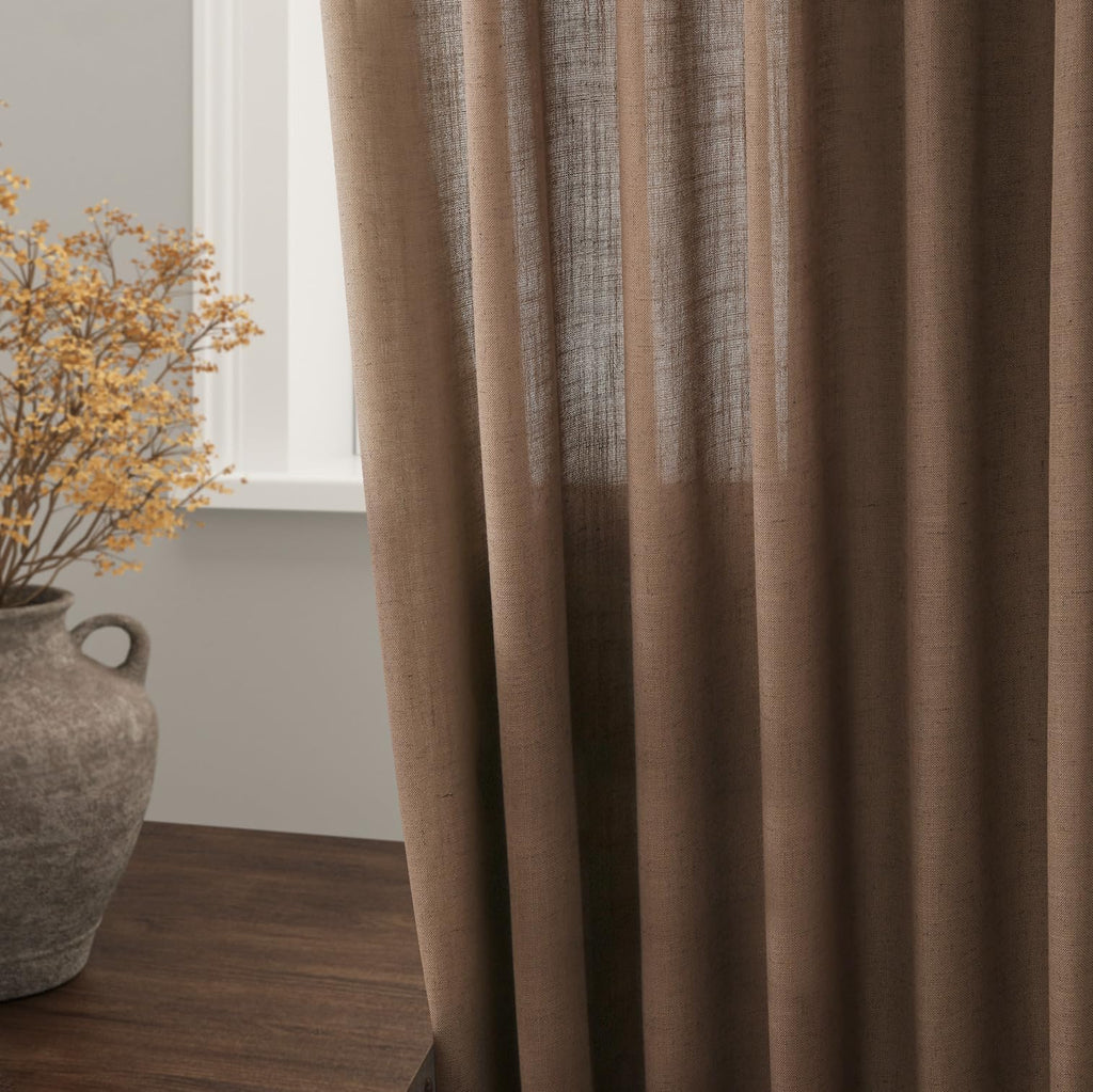 Caramel Brown Linen Curtains 120 Inch Extra Long Back Tab Light Filtering Semi Sheer Drapes Modern Farmhouse Decor
