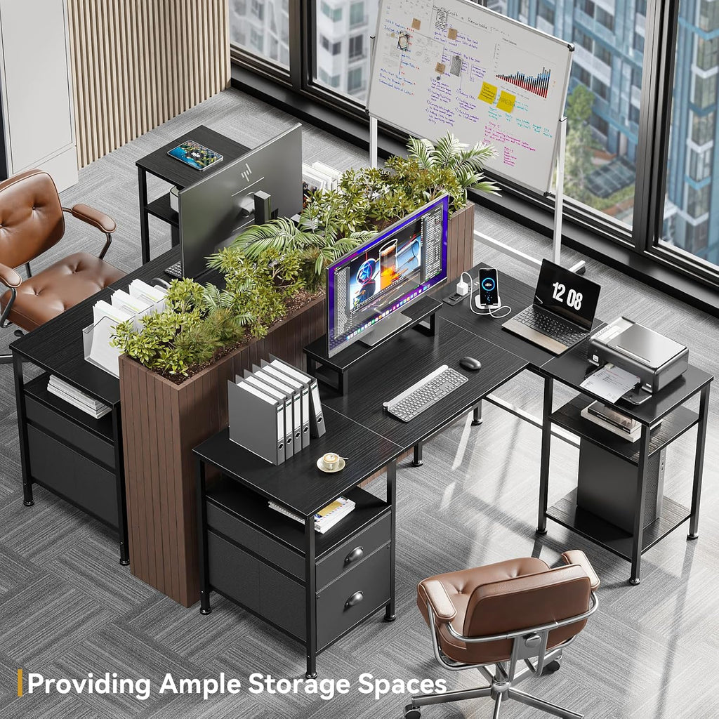 50 Inch L Shaped Gaming Desk with Power Outlet and Drawers, Black | Reversible Computer Corner Design,Fabric File