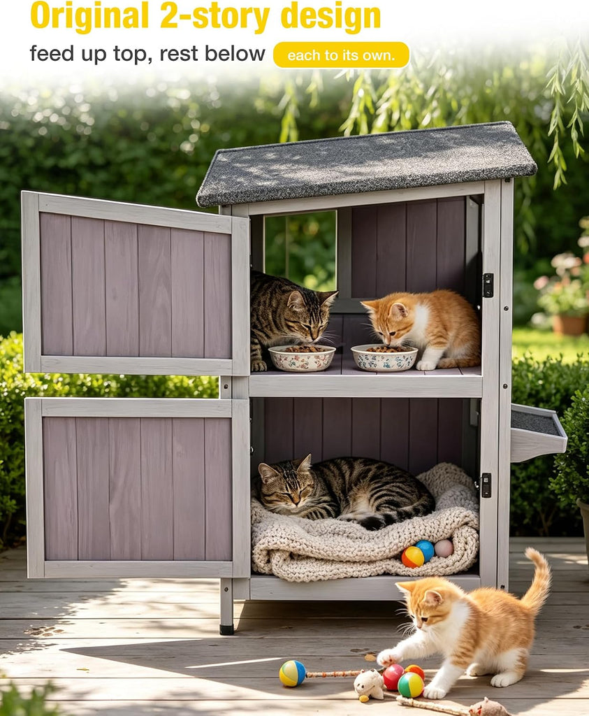 2-Story Cat House - Solid Wood Outdoor/Indoor Kitty Condo