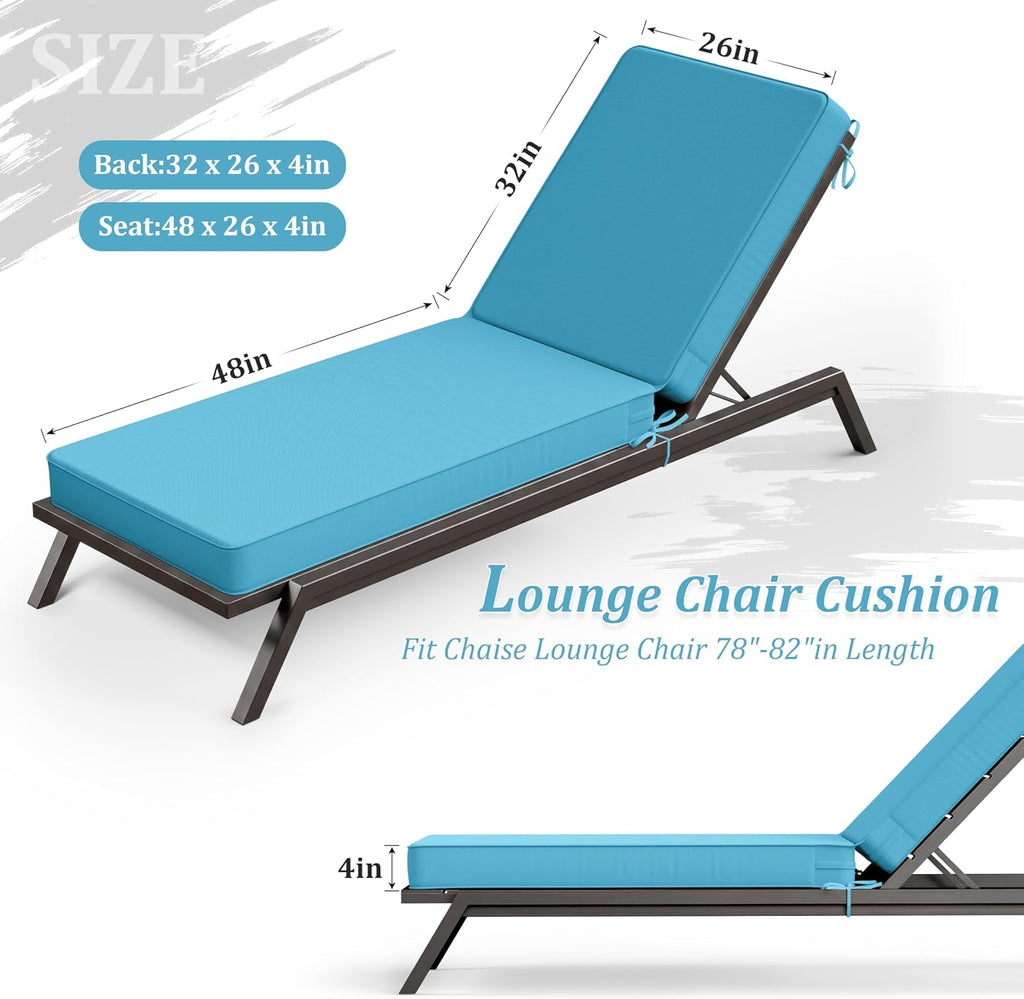 Outdoor Chaise Lounge Cushions Set of 2,Waterproof & Fade-Resistant Lounge Chair Cushion with Removable Cover & Tie