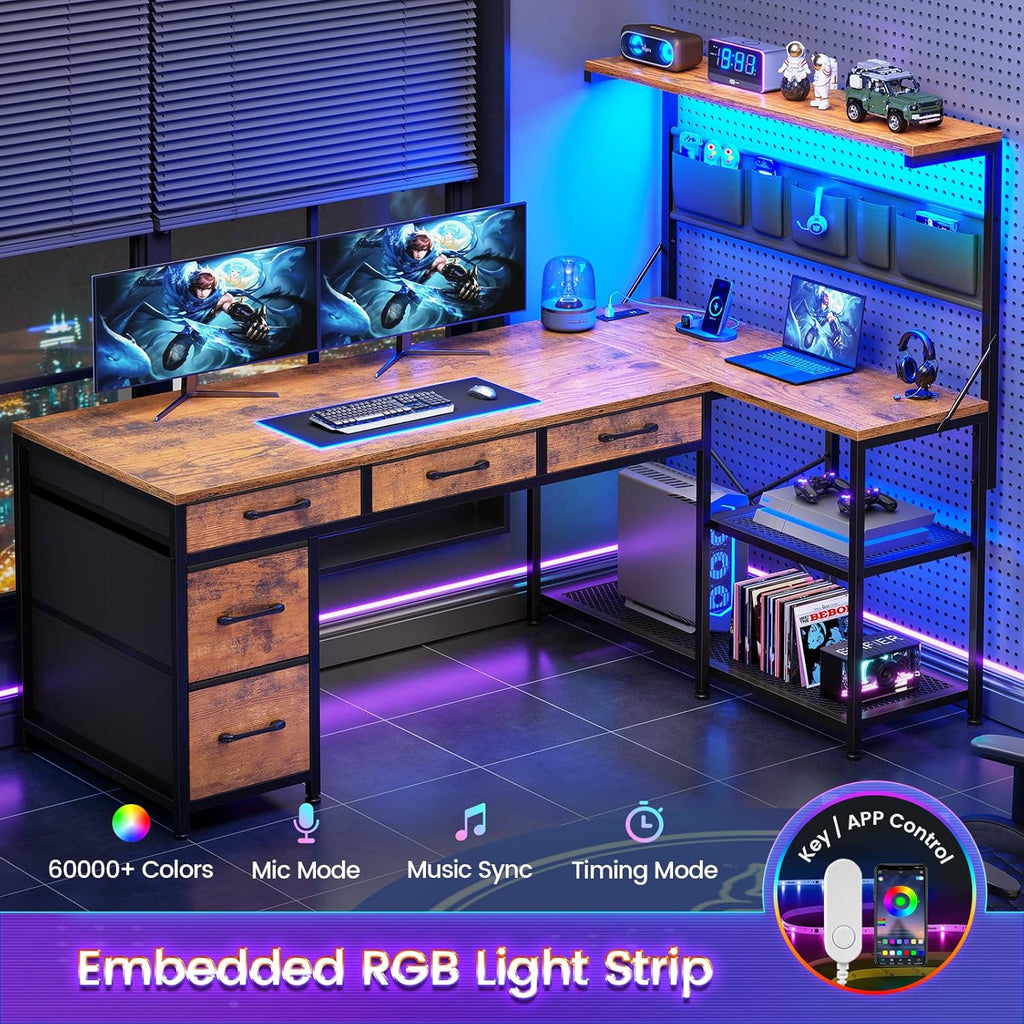 L Shaped Desk with 5 Drawers and Storage Shelves, Reversible Computer Desk with Bookshelf