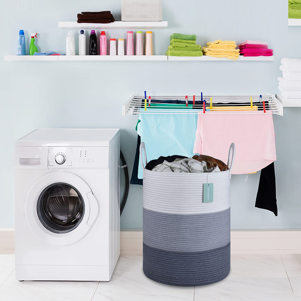 Large Cotton Rope Laundry Hamper for Clothes 65L, White & Gray