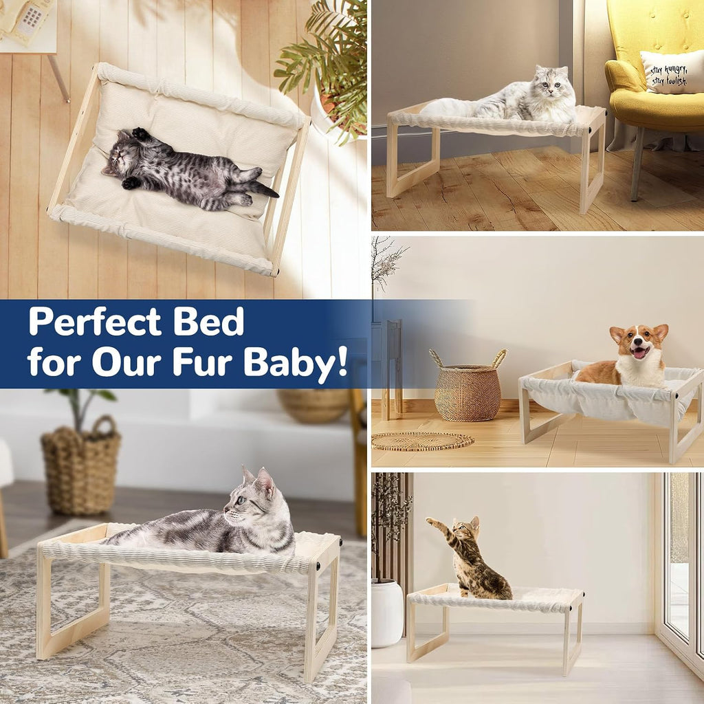 Elevated Cat Bed, Wooden Cat Hammock with Breathable Washable Cushion