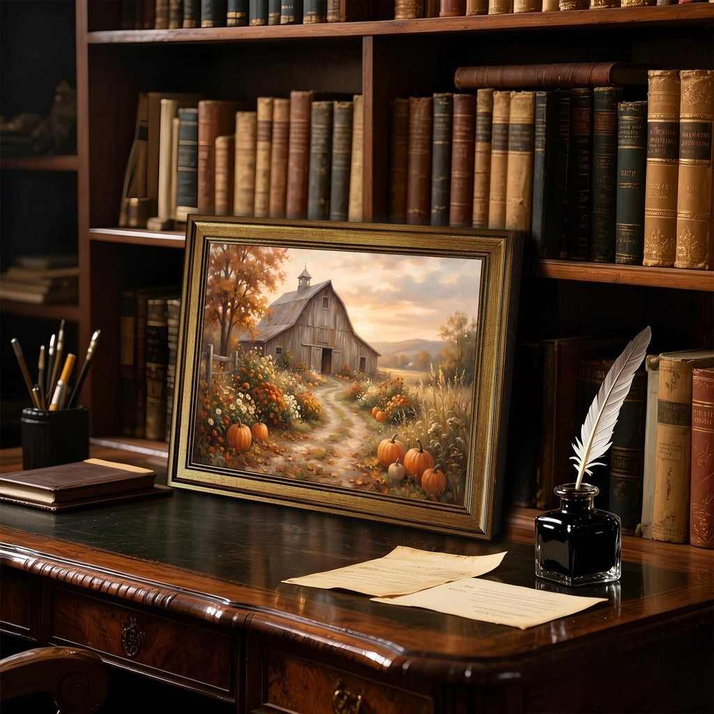 Retro Gold Frame Autumn Farmhouse Wall Art Rustic Barn Canvas Print Poster Pumpkin Field Landscape Painting Vintage