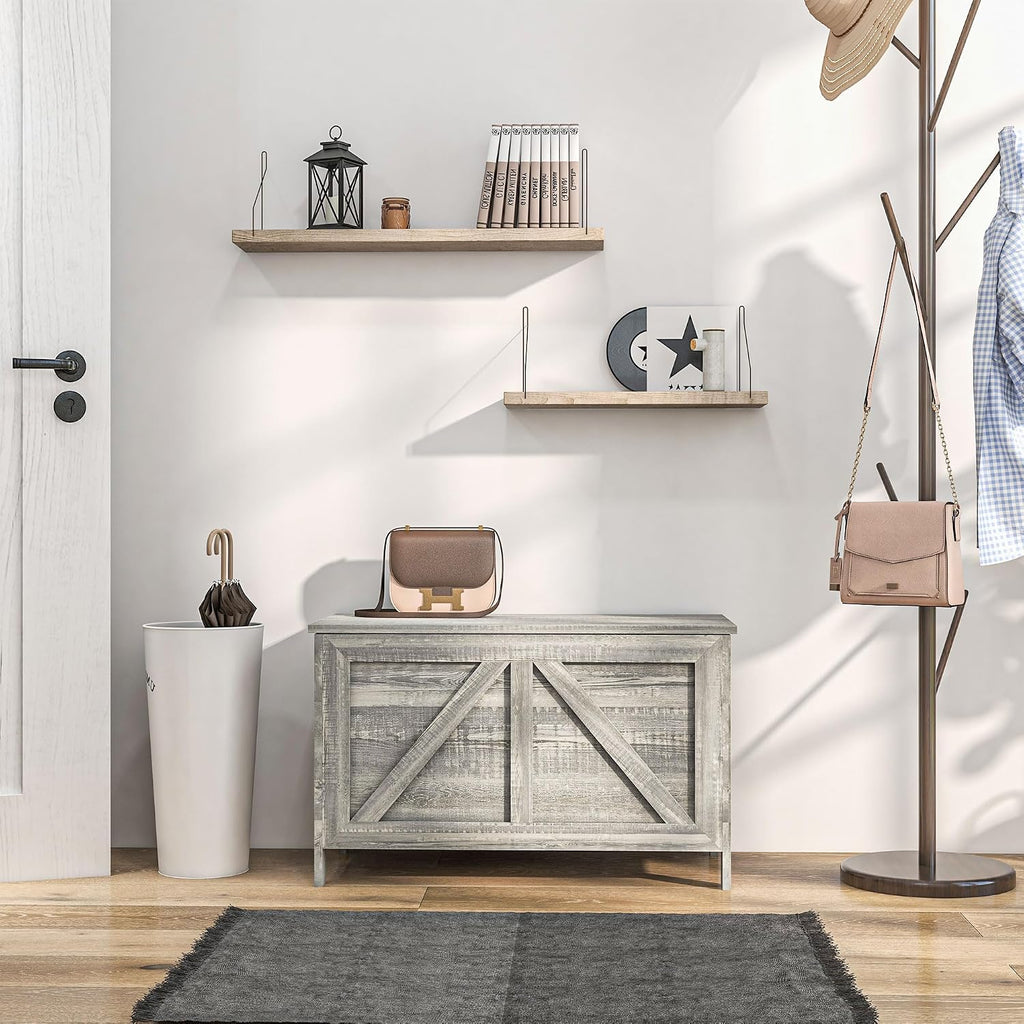 30" Farmhouse Storage Bench Lift Top Storage Chest in Light Gray | Safety Hinge, Open Up 100°, Wooden Trunk, Bedroom
