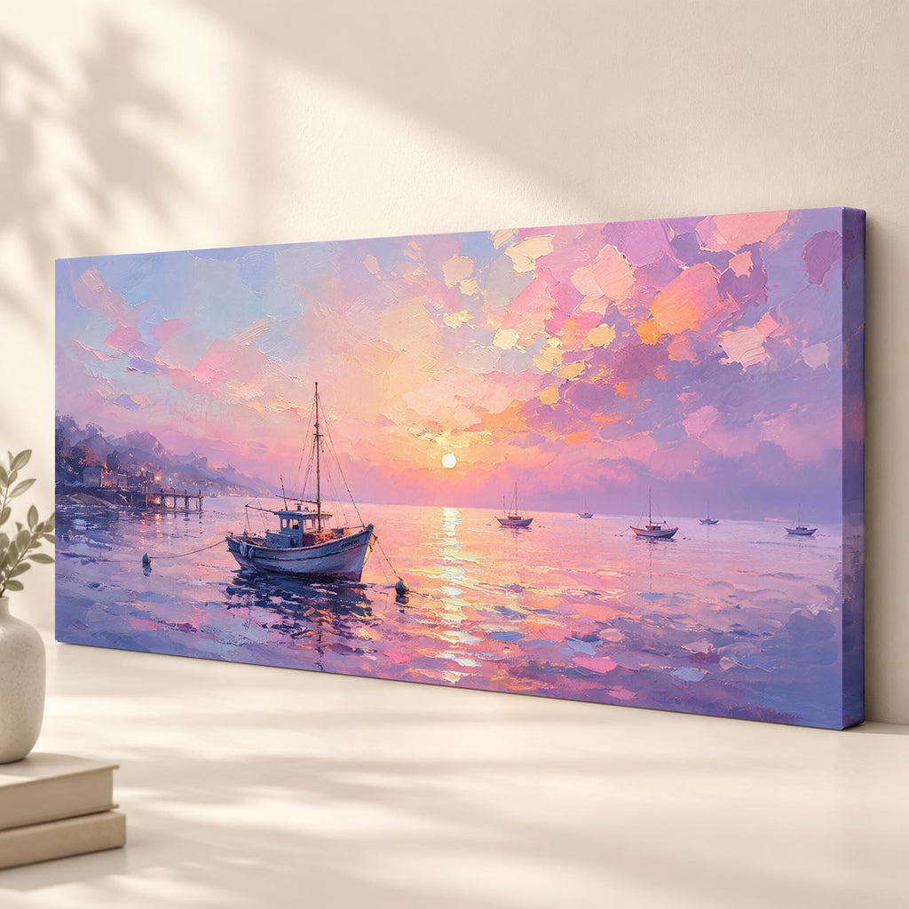 Sailboat Pink Ocean Sunset Canvas Wall Art 40"x20"