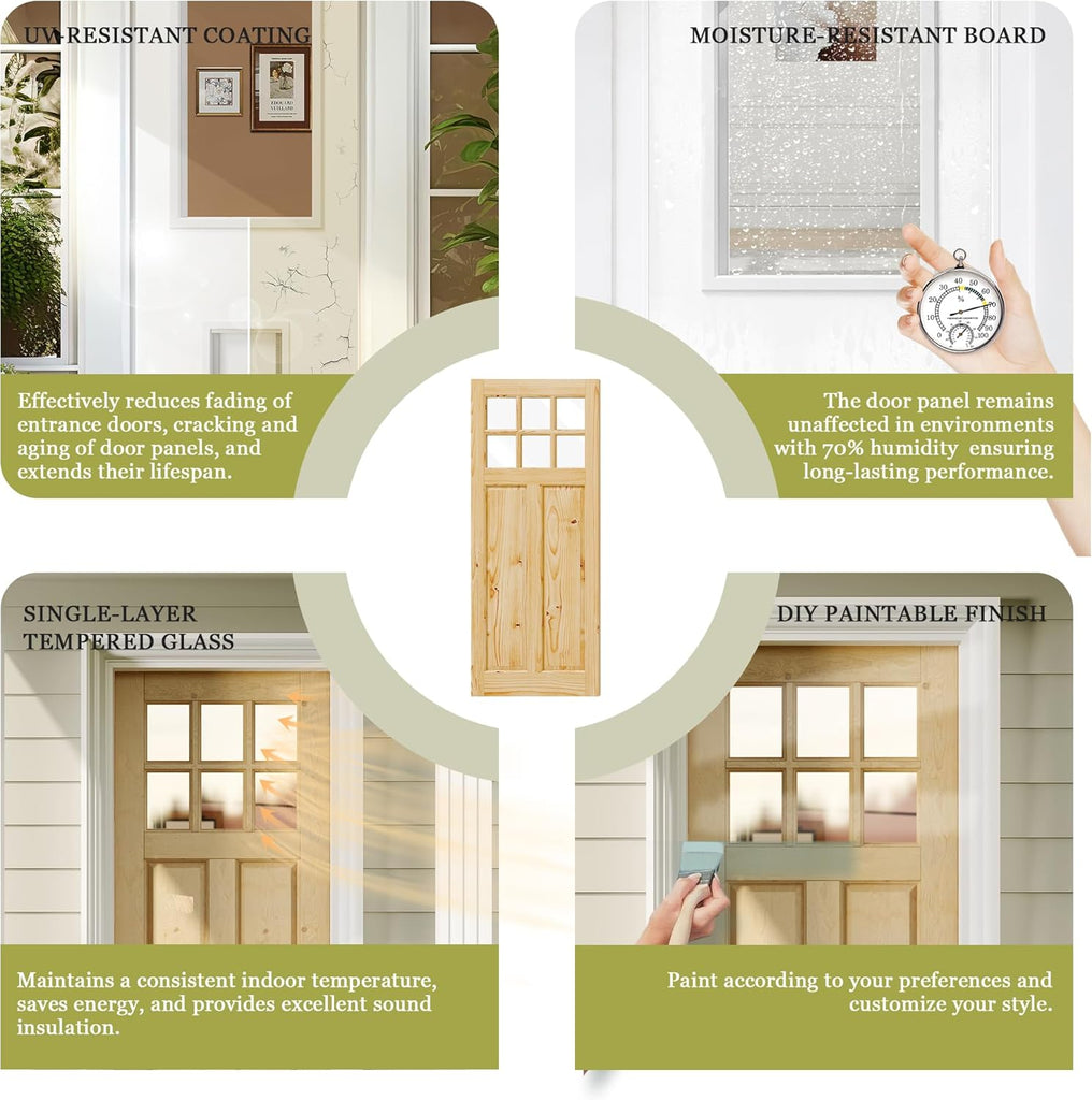 Entry Door, 30" x 80", 6-Panel Clear Glass Front Door, Solid Wood & MDF Exterior Doors, Waterproof Primed, Easy DIY