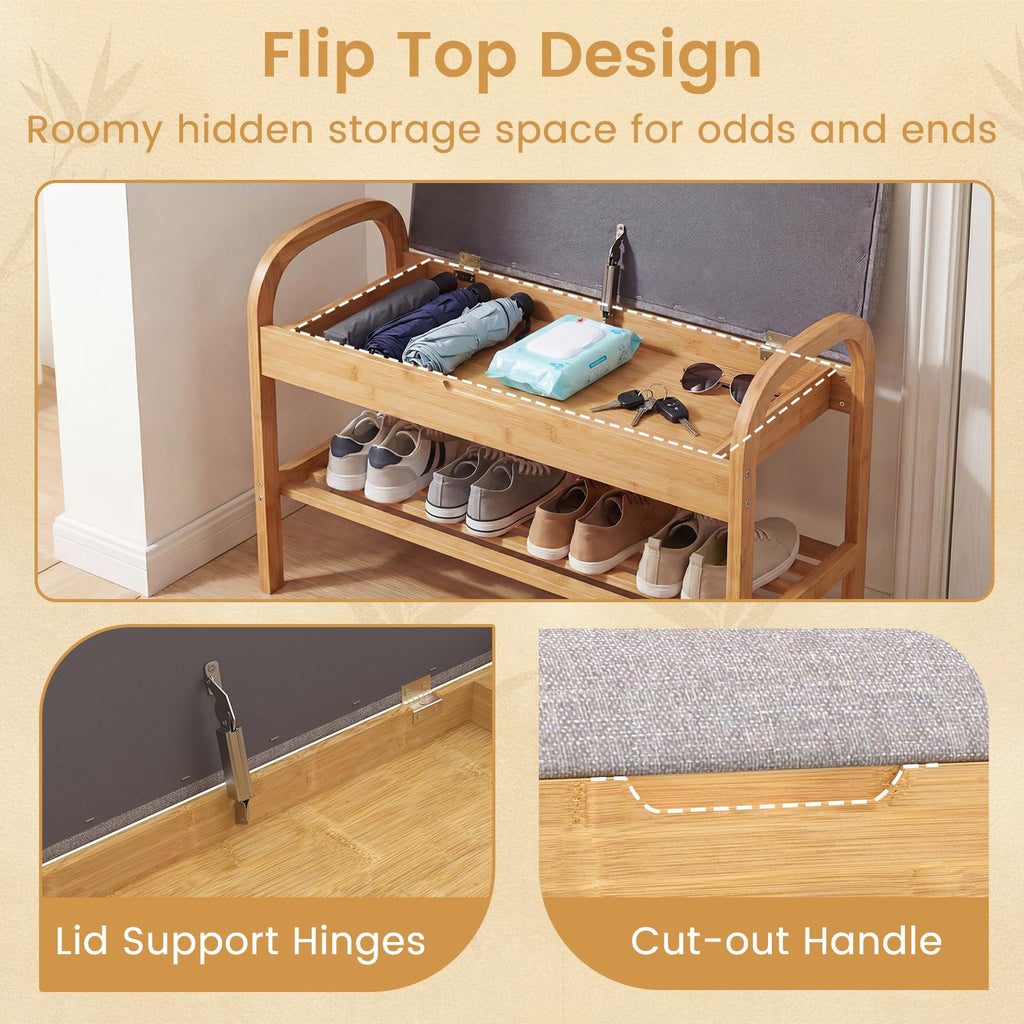 Bamboo Shoe Rack Bench with Storage, 2-Tier Entryway Bench with Flip Top Storage and Padded Seat Cushion, Shoe Rack