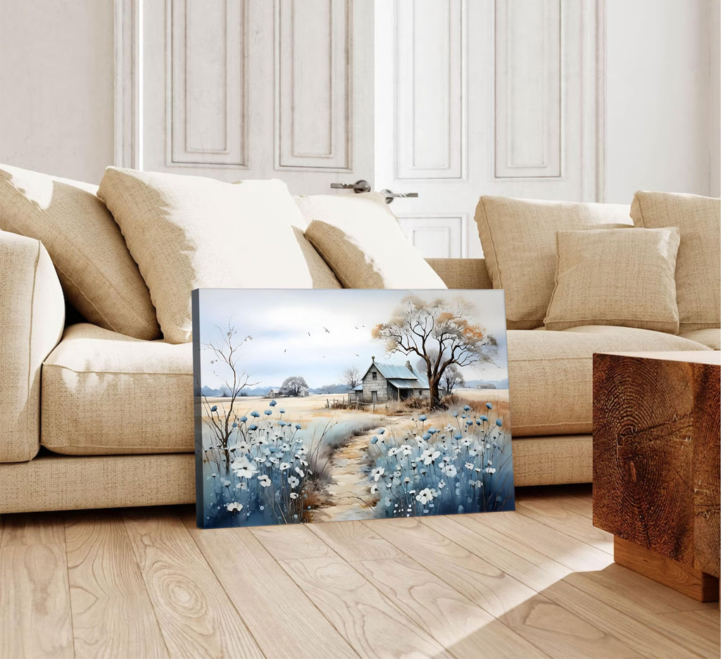 Framed Rustic Farmhouse Canvas Wall Art Beautiful Field Painting Wildflower Barn Print Nature Scenery Picture French