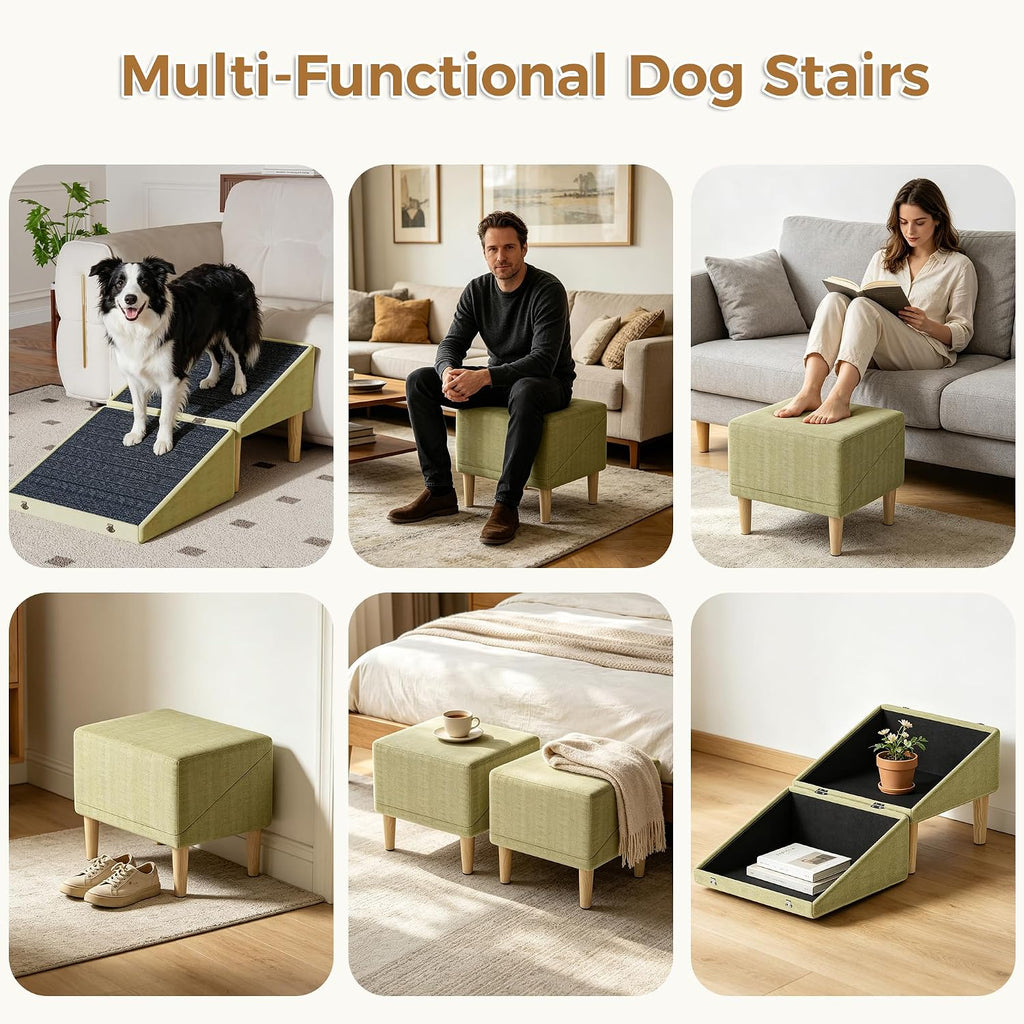 3-in-1 Dog Ramp Pet Stairs 18.5"x18.3"x18.1" with Hidden Storage Ottoman, Anti-Slip Steps for Small, Medium, Large