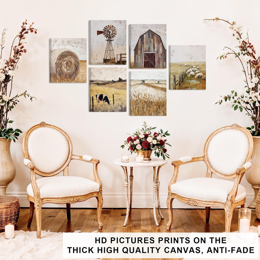 Framed Farmhouse Wall Art, Rustic Windmill Barn Cornfield Sheep Cow Paintings Wall Art, Vintage Country Wall Decor