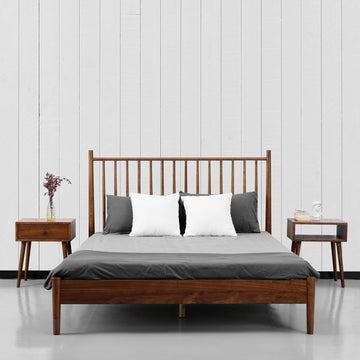 Inno Wooden Bed Frame with Headboard, Solid Oak and Rubber Wood Foundation with Silent Slats and Wood Central
